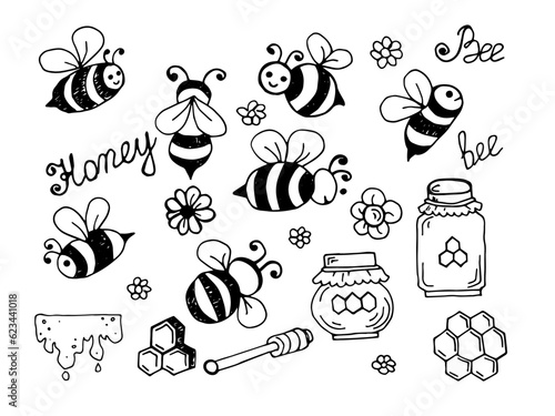 Handdrawn Bees and Honey Doodle Style Icons Beekeeping Theme Vector Illustration