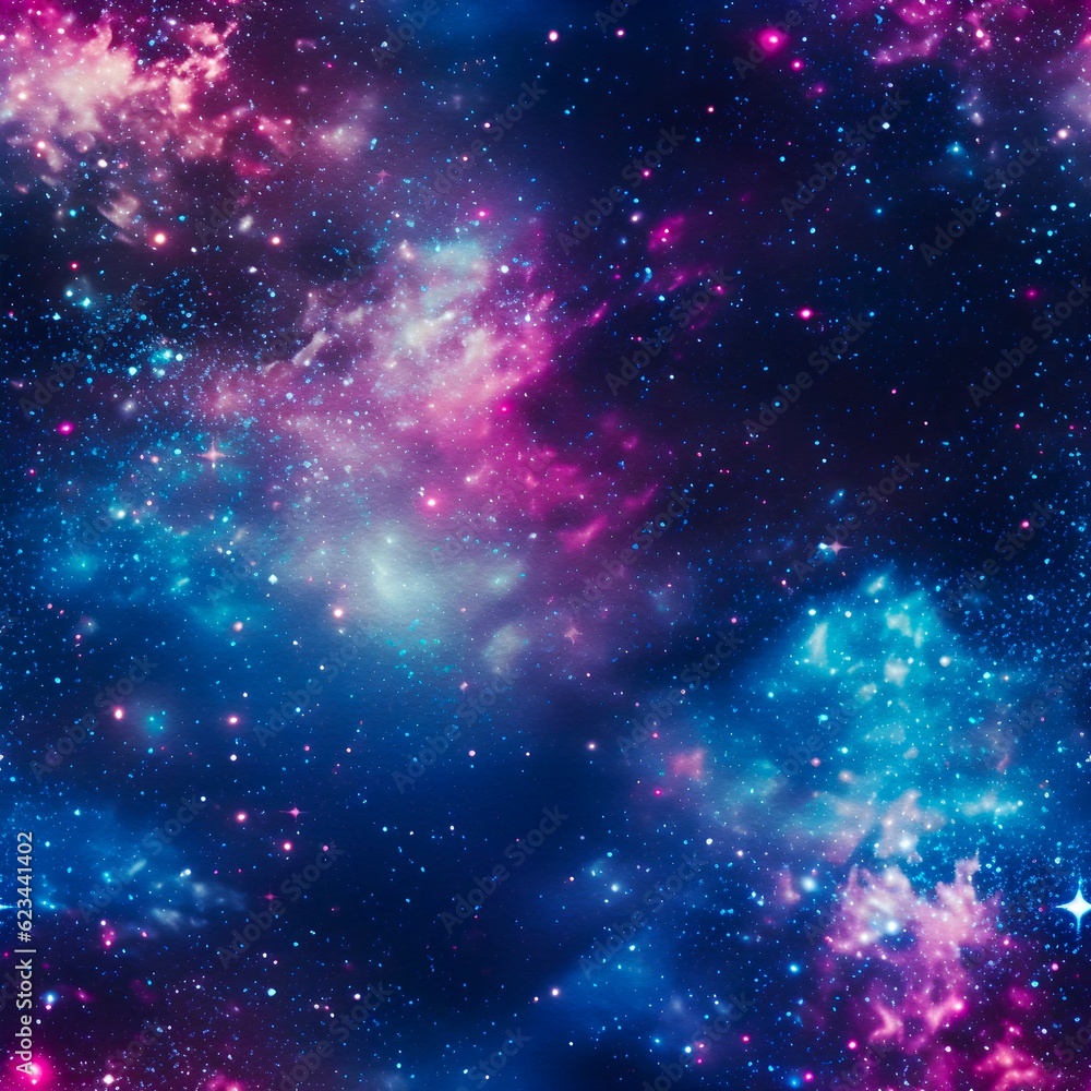 Obraz premium Seamless glittered galaxy background, space pattern, nebula backdrop, created with generative AI technology