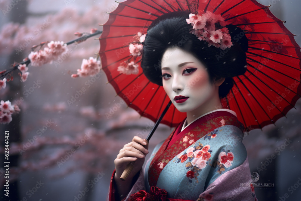 geisha in Japan with cherry tree and umbrella geisha in Japan with cherry tree and umbrella