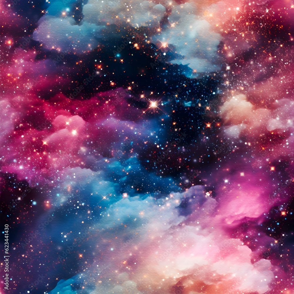 Naklejka premium Seamless glittered galaxy background, space pattern, nebula backdrop, created with generative AI technology