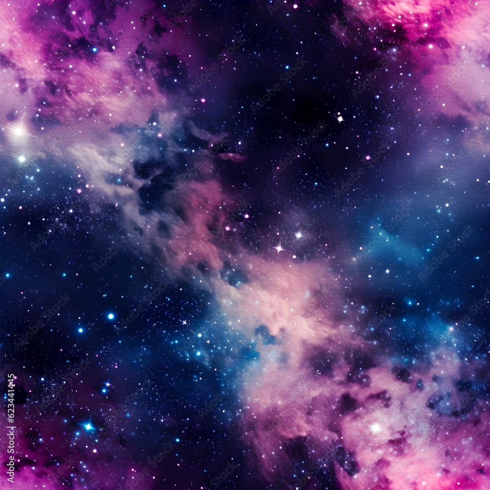 Seamless glittered galaxy background, space pattern, nebula backdrop, created with generative AI technology