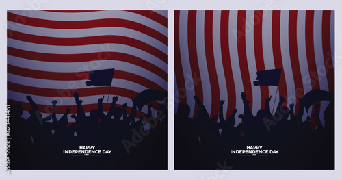 set of united states independence posters, with elements of statue of liberty, american flag background, vector illustration