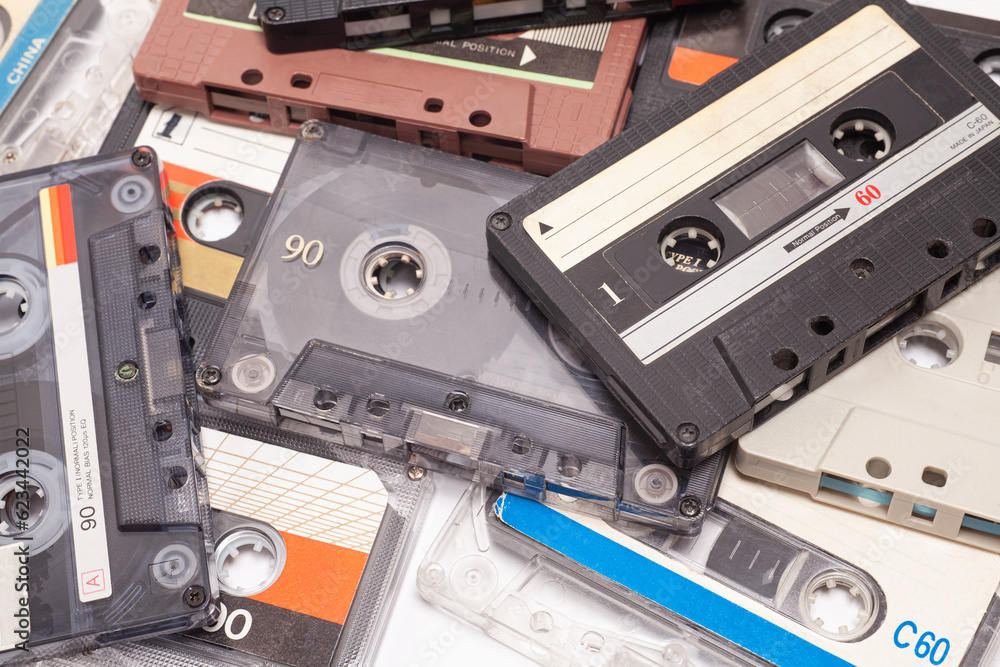 Obraz premium Collection vintage audio cassettes isolated on white.