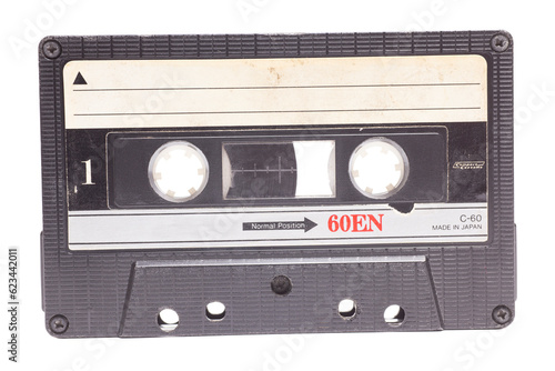 Audio cassette tape side 1, isolated on white background, vintage 80's music concept.