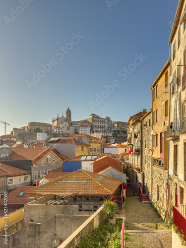 Aerial view from one of the viewpoints of the city with the details of the unique buildings of the historic center of the city of Porto and Douro river, Portugal © anammarques