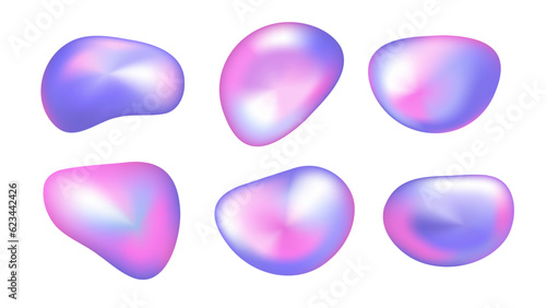 3d gradient liquid blob shape. Abstract holographic iridescent fluid bubble form. Chrome fluorescent hologram geometry object. Chameleon effect set. Chromatic metal multicolor surface texture.