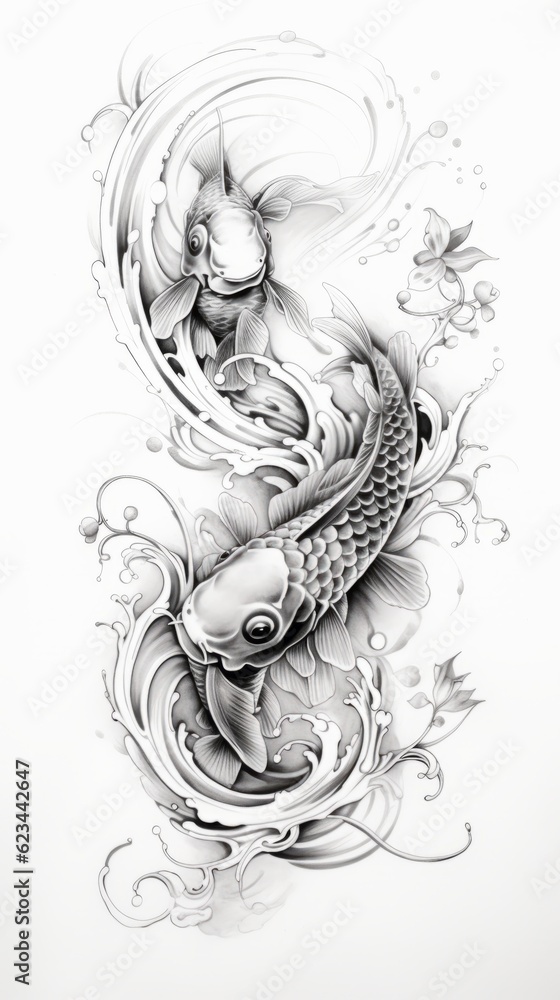 Fototapeta premium Two Koi Fish Swimming in Japanese Style Black and White