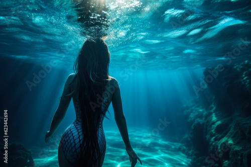 mermaid in blue underwater, generative ai