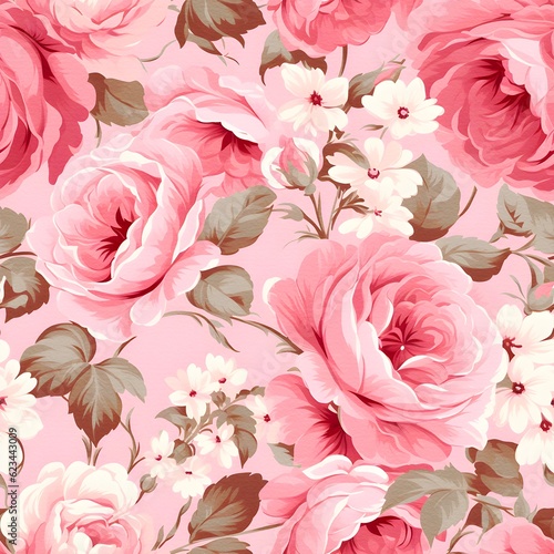 Pretty seamless pink rose pattern background  created with generative AI technology