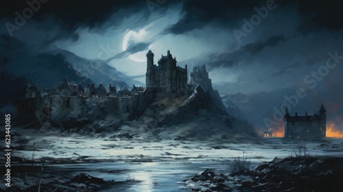 Print op canvas Imaginary medieval Scottish castle on a rocky cliff near the cold north Atlantic