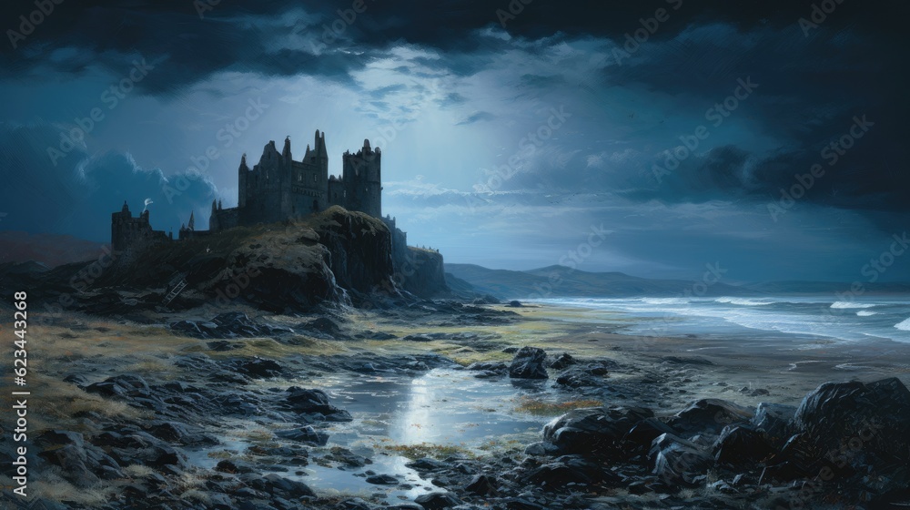 Imaginary medieval Scottish castle on a rocky cliff near the cold north Atlantic ocean at midnight hour, misty sea breeze and dark eerie moonlit cloud cover - generative AI