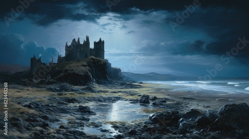 Imaginary medieval Scottish castle on a rocky cliff near the cold north Atlantic ocean at midnight hour, misty sea breeze and dark eerie moonlit cloud cover - generative AI