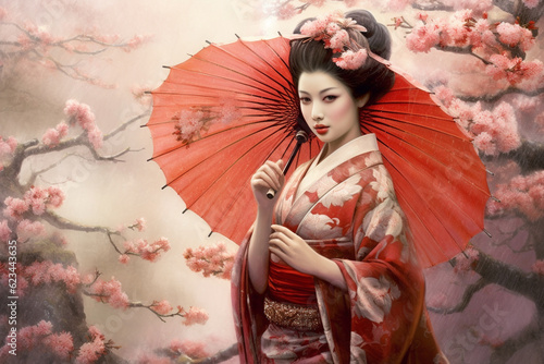 geisha in Japan with cherry tree and umbrella