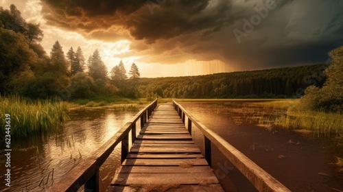 Idyllic view of the wooden pier in the lake with mountain scenery background