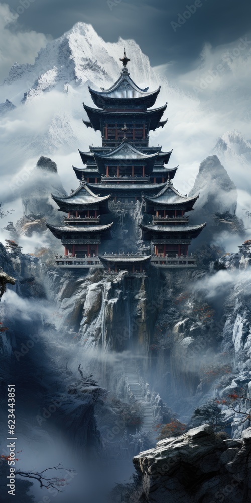 Mystic Majesty Ancient Temple perched on a Winter Mountain Cliff - generative ai