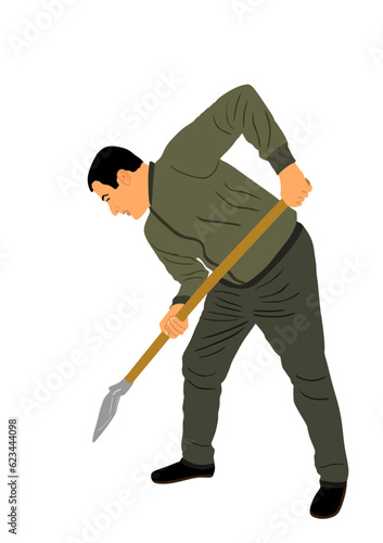 Man with shovel working in garden vector illustration isolated. Construction worker with spade. Gardener digging earth. Farmer with shovel. Digger worker mining ground with tool. Manual industry.