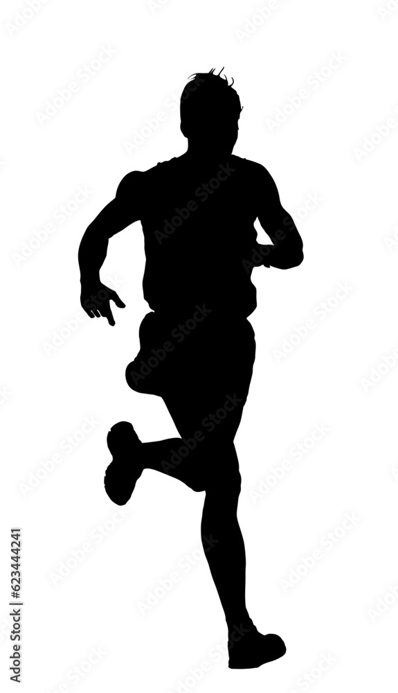 Sprinter runner vector silhouette illustration isolated on white background. Marathon racer running silhouette. Sport man activity shape. Athlete boy in explosive start of race. Muscular male focus.