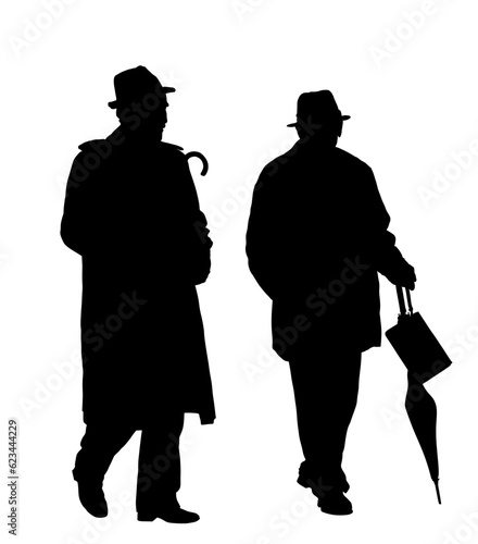 Elegant old crew man walking vector silhouette illustration isolated on white. Mister senior friends gentleman in suit hat umbrella. Grandpa mature. Old retail people. Grandfather golden age memories