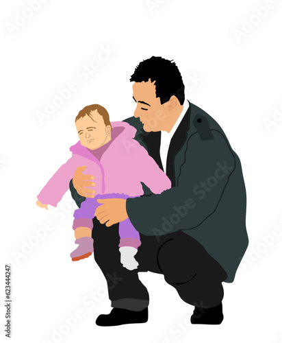 Father carrying baby daughter on hands vector illustration isolated on white. Dad protect little girl, happy family outdoor recreation. Fathers day. Parent and kid closeness enjoy. Adopted child.
