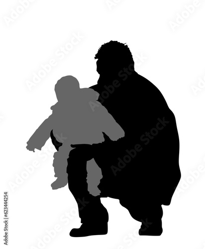 Father carrying baby daughter on hands vector silhouette illustration isolated white. Dad and little girl, happy family outdoor recreation. Fathers day. Parent and kid closeness enjoy. Adopted child.