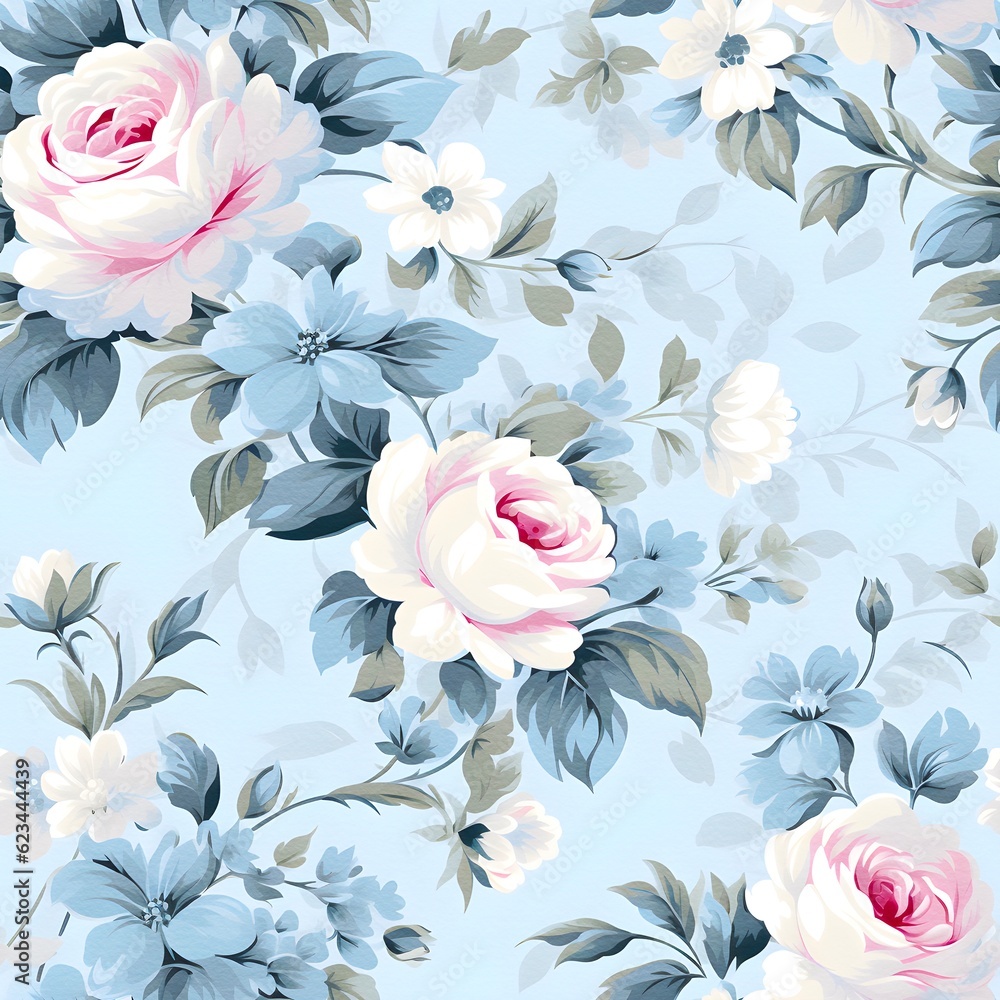 Pretty blue seamless rose pattern background, created with generative AI technology
