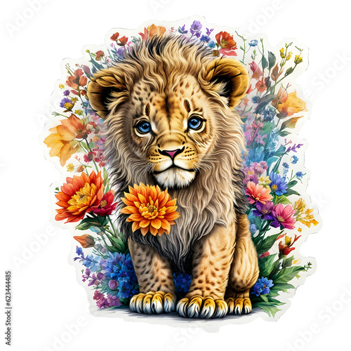 lion cub with cute face, flowers around him - Generative Ai-
