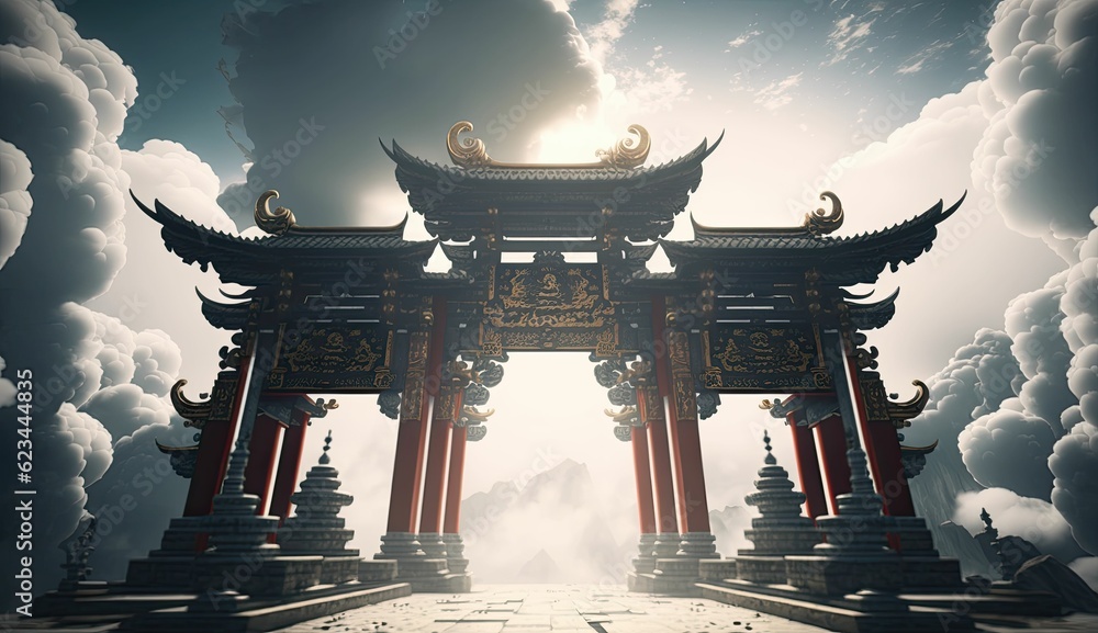 Naklejka premium Ancient Fantasy Torii Gate in the Rain, Concept Art, Digital Illustration