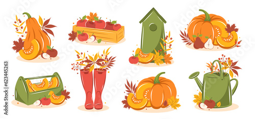 Hello autumn. Set of garden decor, pumpkins, wellies boots, watering can and autumn leaves. Gardening, growing plants. Happy thanksgiving. Vector illustration.
