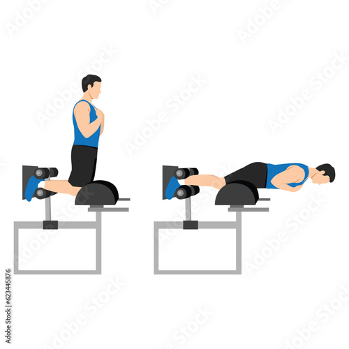 Man doing glute ham raise exercise. Glute Ham Developer Back Extension. Flat vector illustration isolated on white background