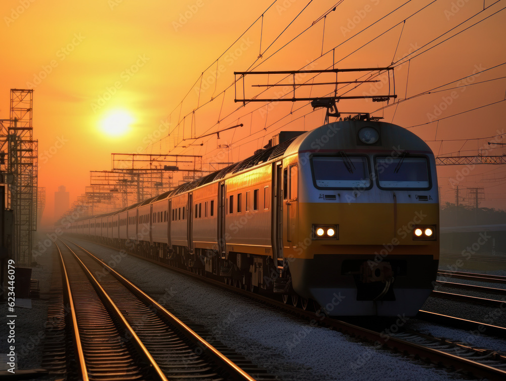 passenger train traveling on railroad tracks at sunset