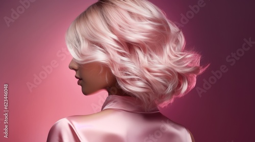 trendy women's hair styling blonde large curls. girl in profile with professional hair styling, back view. Pink shades