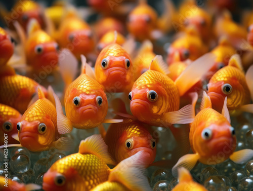 Fotografiet many goldfish orange fish. overpopulation