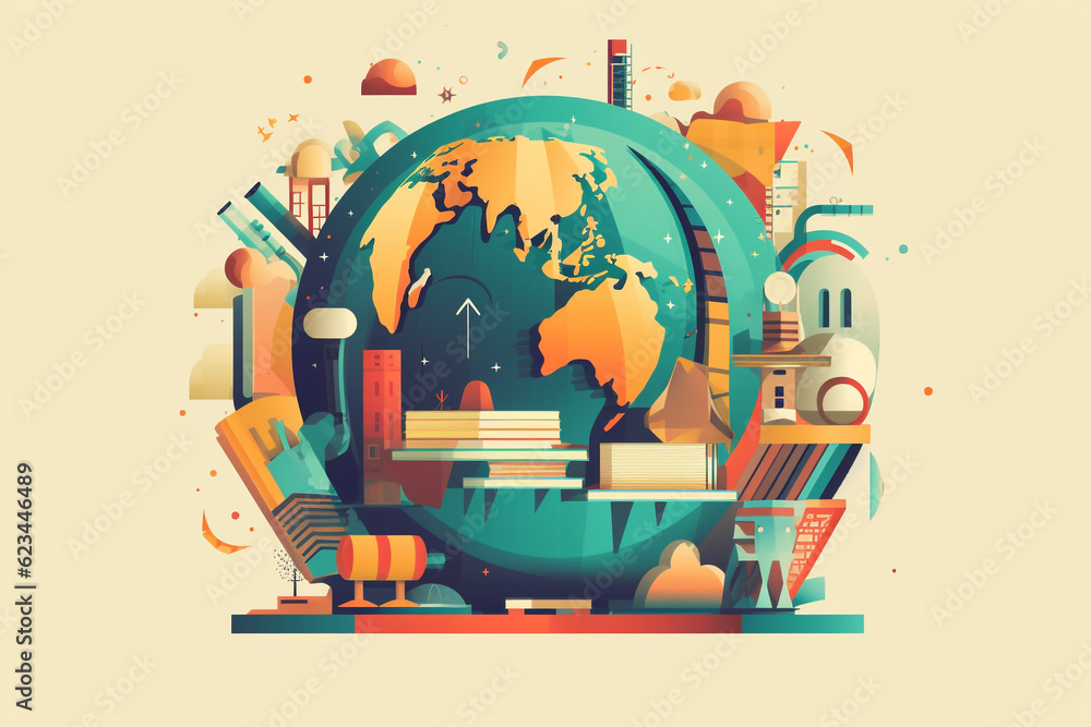 Back to school, education and knowledge concept. Illustration of various school, education and learning colorful clip art objects illustrations background with copy space. Generative AI