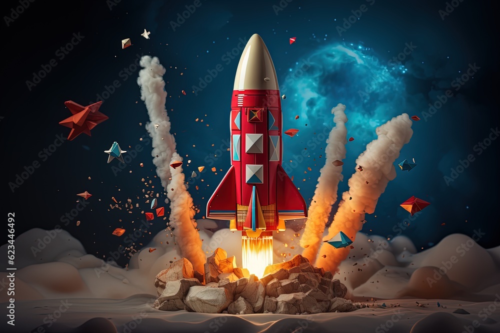 Rocket illustration, business and startup concept, blue background. Generative AI