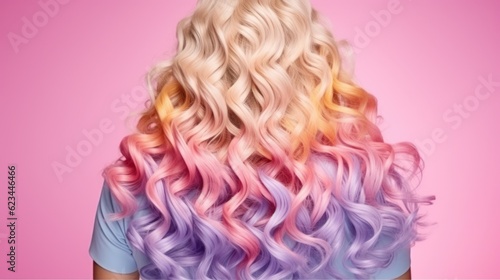 trendy women's hair styling colored large curls. girl with professional hair styling, back view. Pink shades