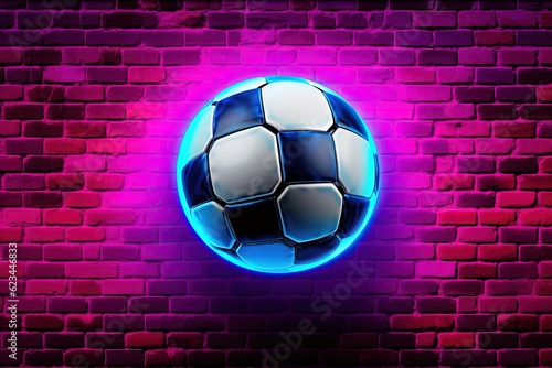 Soccer ball  neon lights  block wall in the background. Generative AI