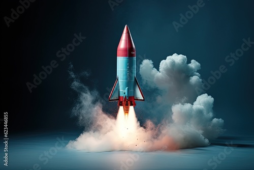 Rocket illustration, business and startup concept, blue background. Generative AI