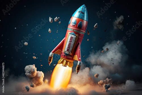 Rocket illustration, business and startup concept, blue background. Generative AI