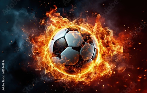 Soccer ball on fire, sports concept, black background. Generative AI