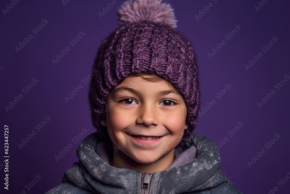 Close-up portrait photography of a satisfied kid male wearing a warm beanie or knit hat against a deep purple background. With generative AI technology Close-up portrait photography of a satisfied kid male wearing a warm beanie or knit hat against a deep purple background. With generative AI technology