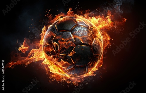 Soccer ball on fire, sports concept, black background. Generative AI © Deivison