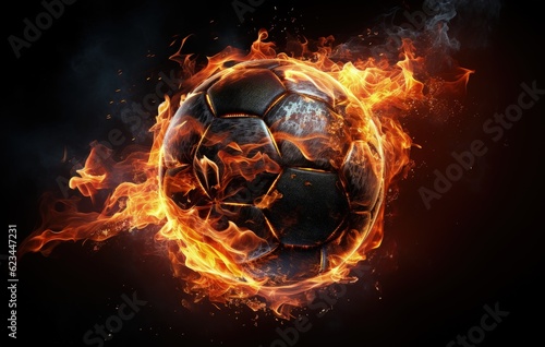 Soccer ball on fire  sports concept  black background. Generative AI