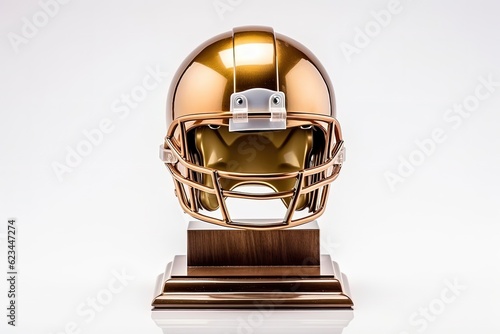 Golden trophy with American football helmet, white background. Generative AI