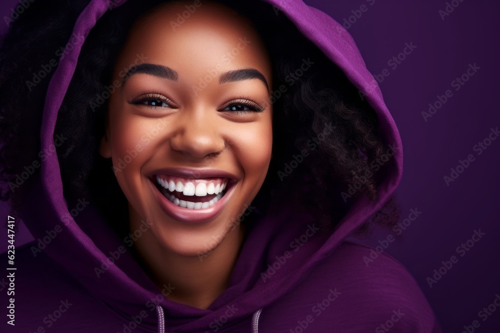 Close-up portrait photography of a happy girl in her 20s wearing a comfortable hoodie against a deep purple background. With generative AI technology Close-up portrait photography of a happy girl in her 20s wearing a comfortable hoodie against a deep purple background. With generative AI technology