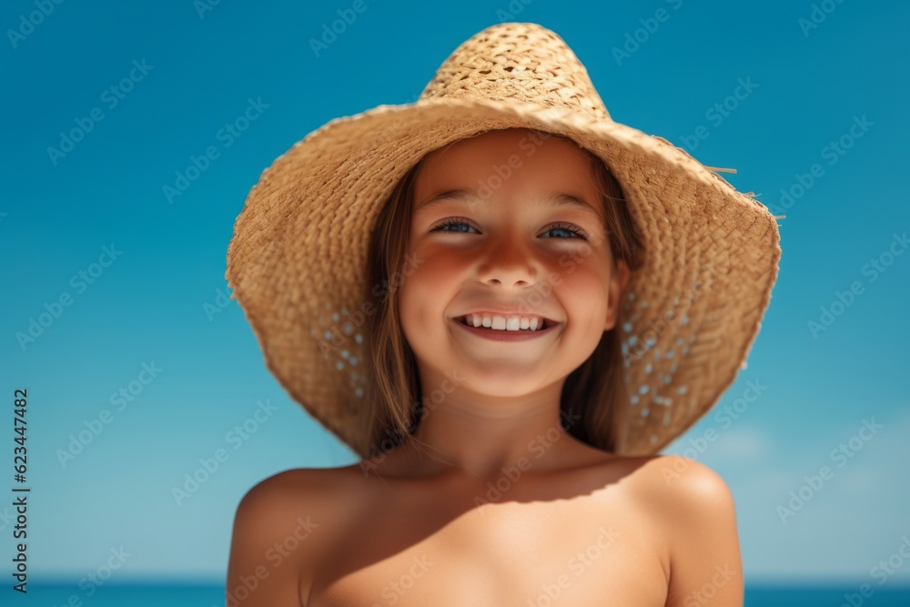 Lifestyle portrait photography of a glad kid female wearing a trendy bikini and straw hat against a sky-blue background. With generative AI technology