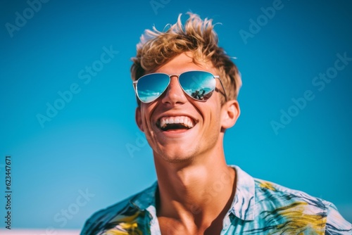 Close-up portrait photography of a grinning boy in his 30s wearing a trendy sunglasses against a sky-blue background. With generative AI technology © Markus Schröder