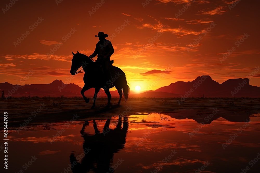 Cowboy silhouette on horse, landscape with sunset in background. Generative AI