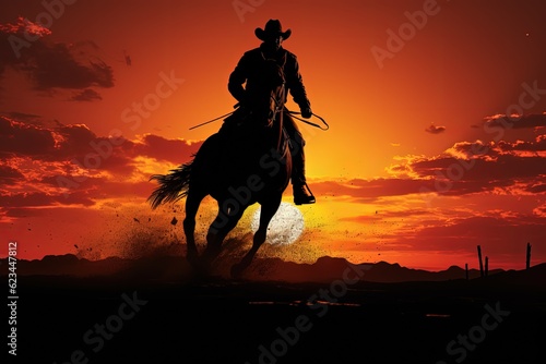 Cowboy silhouette on horse, landscape with sunset in background. Generative AI