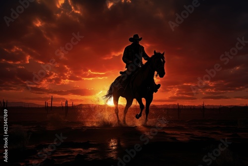 Cowboy silhouette on horse, landscape with sunset in background. Generative AI © Deivison