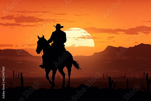 Cowboy silhouette on horse  landscape with sunset in background. Generative AI
